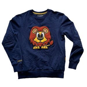 Pancoat Navy Pullover Sweatshirt Embroirdered Lion Elbows Logo Patch Unisex Sz S